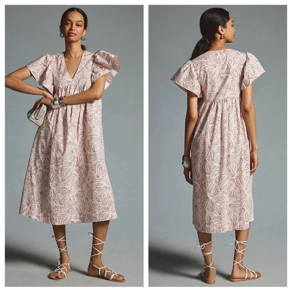 Anthropologie Maeve Dress Womens XXS Pink Flutter Sleeve Poplin Midi Dress New - Picture 1 of 8
